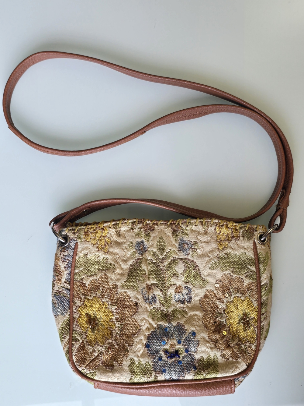 Vintage Liz Claiborne Floral Tapestry Sequin Beaded Whipstitch Shoulder Bag
